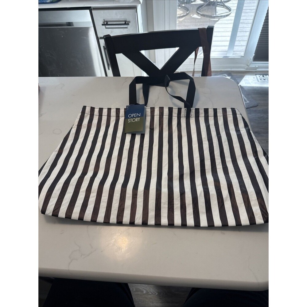 Open Story Water Resistant Tote Bag Black White Stripe & Reversible Black NWT